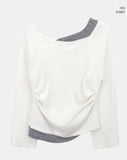 Royu Unbalanced Color Matching Shirring One-Off Shoulder Long Sleeve T-Shirt