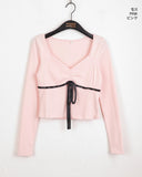 Luer Balletcore Ribbon Color Matching Heart Neck Long Sleeved T-Shirt