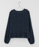 Cordent Check Round Collar Frill Long Sleeve Blouse
