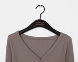 Ssotu Ribbed Button Slim Fit V-Neck T-shirt