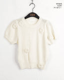 Beuwal Flower Corsage Round Crop Short Sleeve Knit