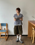 Qubin Layered Check Frill Short Sleeve Blouse