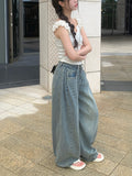 [A/M] Ruched Side Pintuck Washing Wide Denim Pants