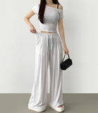 One Off-Shoulder T-shirt Two Pin Tuck Maxi Wide Pants Two Piece Set