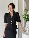 [Tweed set] Mishorin Peplum Tweed Collar Blouse Jacket Skirt