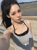 Orton Fake Layered Color Matching Lace Halter Layered Cap Sleeveless