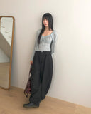 Sera Shirring Lace Ribbon Crop Long Sleeve Sleeveless Cardigan Set