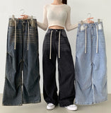 Knee Side Pin Tuck Balloon Waist Adjustment Wide Fit Denim Pants