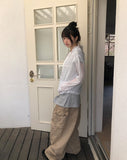 Juon Shirred Button Loose Fit Henley Neck Short Sleeve T-shirt