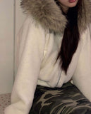 Rurin fluffy fur quilted short hood zip-up