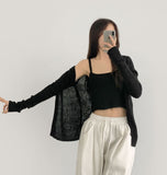 Mesh Sleeveless Bustier Long Sleeve Cardigan Set Knit