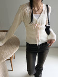 Sime Balletcore Ribbon String Punching Knit Cardigan