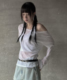 Boat neck long sleeve see-through knit