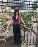Dyeing V-neck Ribbon See-through Short Sleeve T-shirt