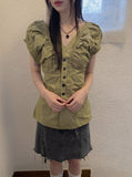 Blon V-Neck Shirring Pleated Puff Short Sleeve Blouse