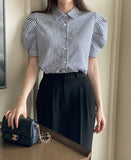 Nine Stripe Puff Short Sleeve Shirt Blouse