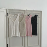 Knit Button Ribbed V-neck Sleeveless