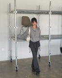 Mebel Shirring Off-Shoulder Back Slit Ribbon Strap Long-Sleeved T-Shirt