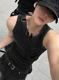 Pigment Henley Neck Damage Detail Muscle Fit Sleeveless