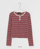 Mibat Stripe Henley Neck Long Sleeve Tee