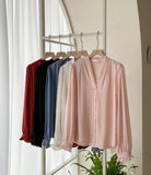 Mauve V-neck shirring blouse