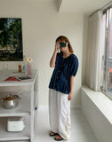 Demins Ribbon Button Denim Short Sleeve Blouse