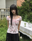 Rosen Flower Print Shirring Short Sleeve T-Shirt