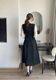 Collard V-neck Pintuck Pleats Long One Piece (belt set)