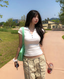 Cien Button V-neck Collared Short Sleeve