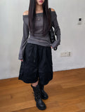 Ruffle see-through shirring drape long sleeve