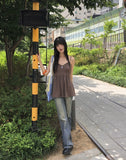 Deepin high waist hip pocket boot cut washed denim pants
