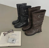 Two-way Buckle Shirring Slit Middle Boots