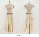 [Two-piece Set] Soche Ribbed Cap Knit Chiffon Skirt Set (Belt Set)