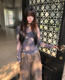 Dubi Flower Mesh See-through Long Sleeve T-shirt
