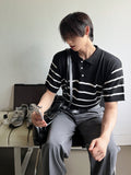 V-in stripe button collar short sleeve knit