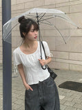 Henry Ribbon Pintuck Shirring Square Short Sleeve Blouse