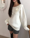 Bohan one-off-shoulder flower pendant wool long-sleeved knit
