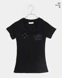 Hamyu Eyelet Rivet Printed Collar Short Sleeve T-Shirt