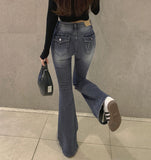 Hip Pad Back Pocket Embroidery Slim Bootcut Span Denim Pants