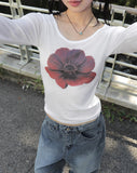 Kiving See-Through U-Neck Cosmos Flower Long Sleeve T-Shirt