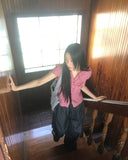 Trin Check Shirring Puff Blouse