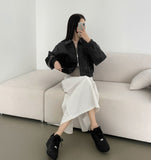 Autumn Pocket Zipper Loose Fit Leather Two-Way Crop Jacket