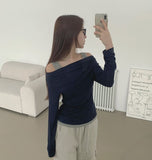 Drape Off-Shoulder Knit Layered Fake Layered T-shirt
