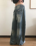 Binden side pin tuck back pocket wide denim pants
