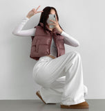 Glossy High Neck Trendy Pom Pom Crop Vest Padding