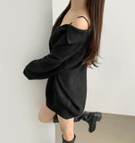 Open Collar Loose Fit Thick Long Sleeve Knit