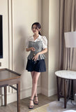 Sweet Seersucker Check Collar Puff Blouse
