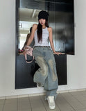 Dirty Washed Keychain Strap Carpenter Denim Pants