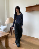 Hoobi Drape Shirring Lace Slim Fit Color Matching Long Sleeve T-shirt