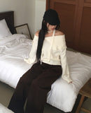 Hanel button off-shoulder muffler knit